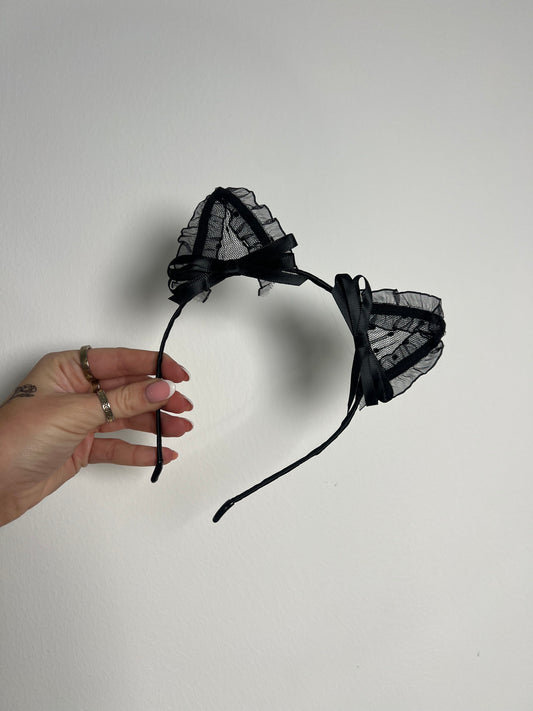 Mesh Cat Ears With Bows - Black