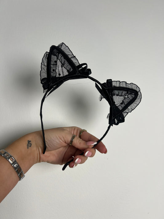 Mesh Cat Ears With Bows - Black