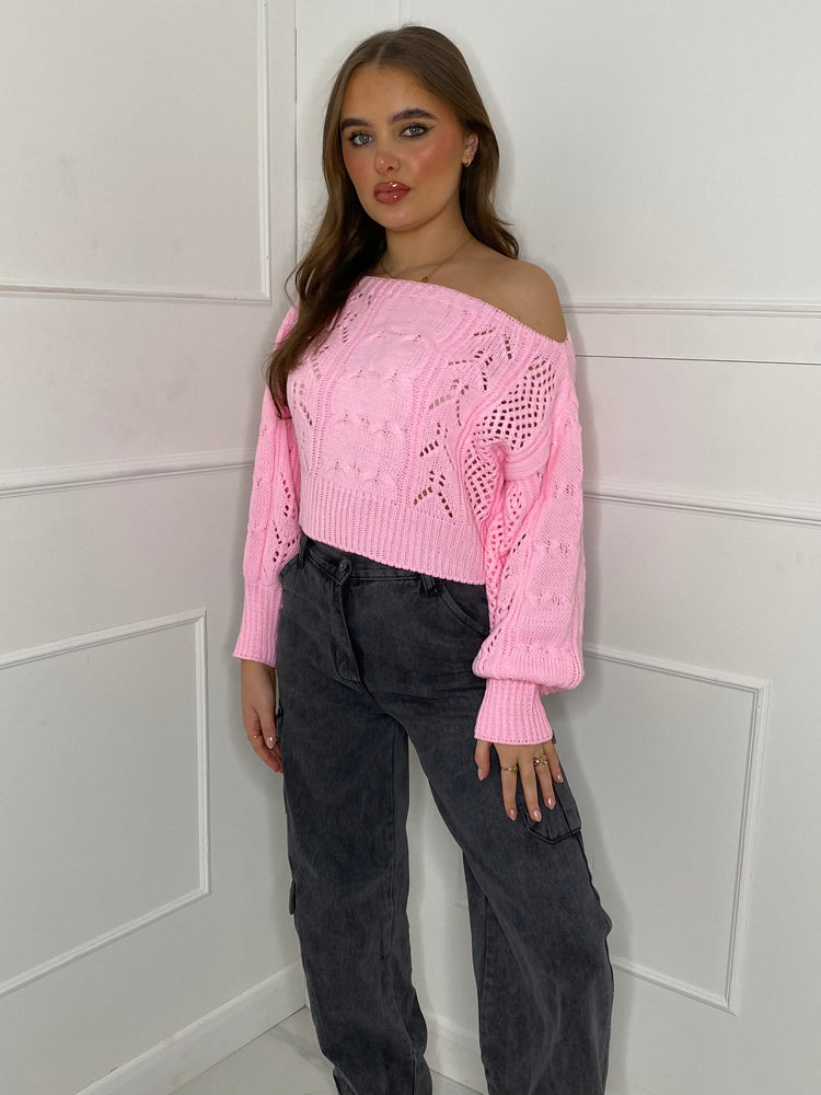 Off the Shoulder Knitted Top - Baby Pink