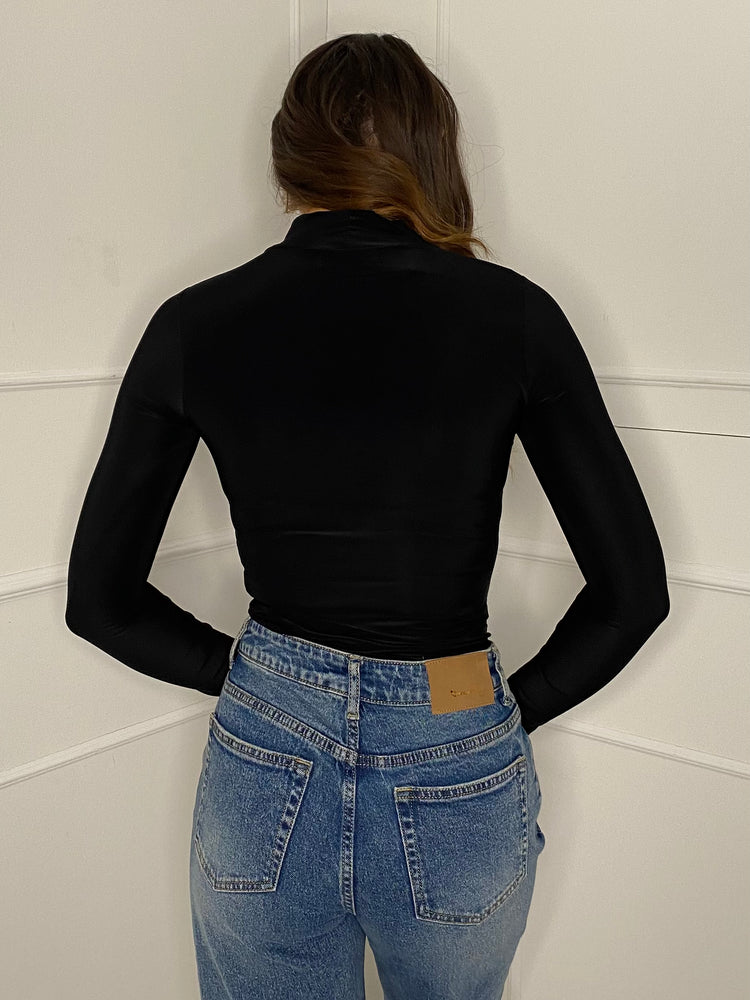 High Neck Long Sleeve Bodysuit - Black