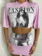 Cropped T-shirt Co-ord- Baby Pink Fashion Print