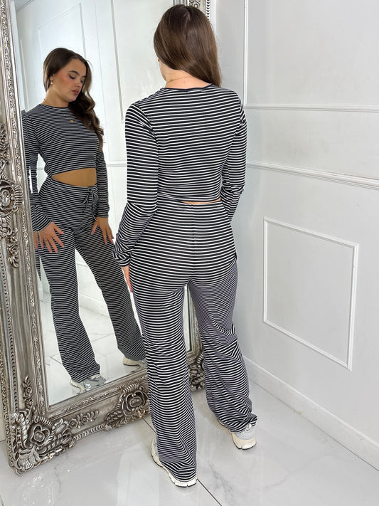 Striped Long Sleeve Top & Wide Leg Pants Co-Ord - Black/White