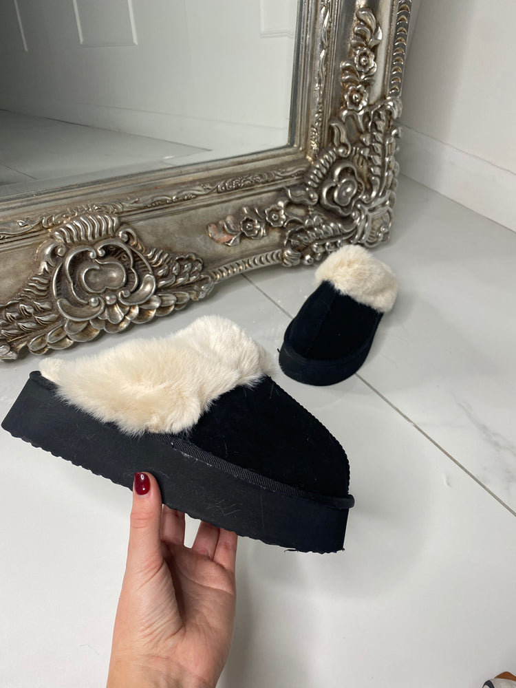 Fur Lined Chunky Slippers - Black