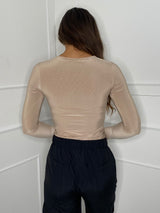 Round Neck Long Sleeve Bodysuit - Beige