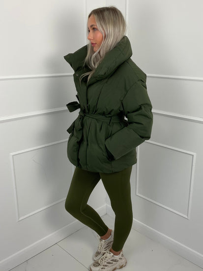 Short Belted Puffer Jacket- Khaki