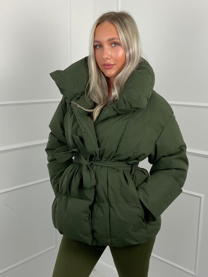 Short belted sale puffer coat