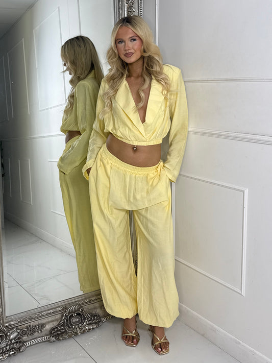 Cropped Collared Blazer & Pants Co-Ord - Yellow