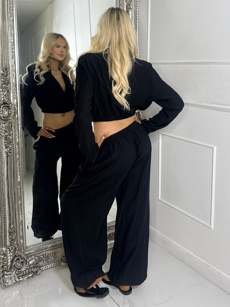 Cropped Collared Blazer & Pants Co-Ord - Black