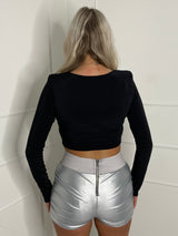 Thick Band Ruched Side PU Shorts - Silver