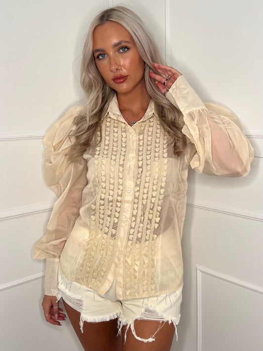 Mesh Puff Sleeve Shirt - Beige