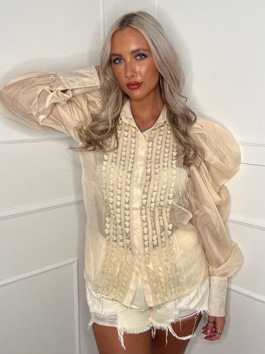 Mesh Puff Sleeve Shirt - Beige