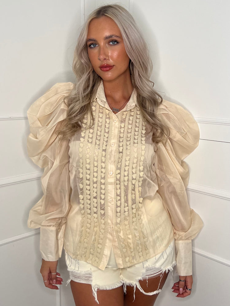 Mesh Puff Sleeve Shirt - Beige