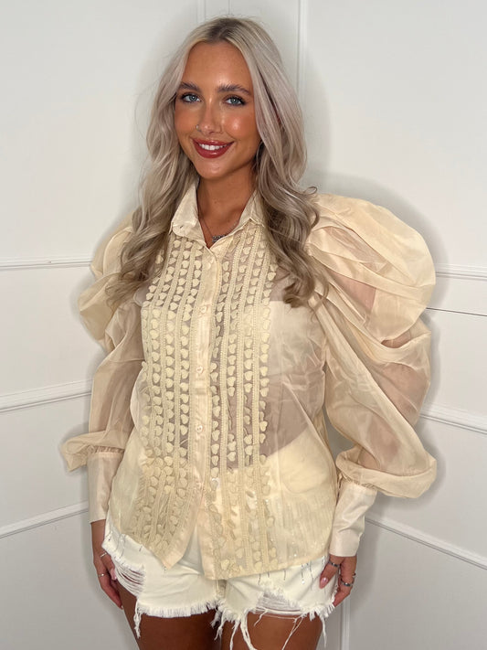 Mesh Puff Sleeve Shirt - Beige