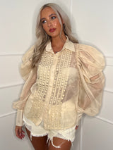 Mesh Puff Sleeve Shirt - Beige