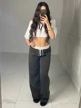 White Waistband Detail Wide Leg Joggers - Khaki