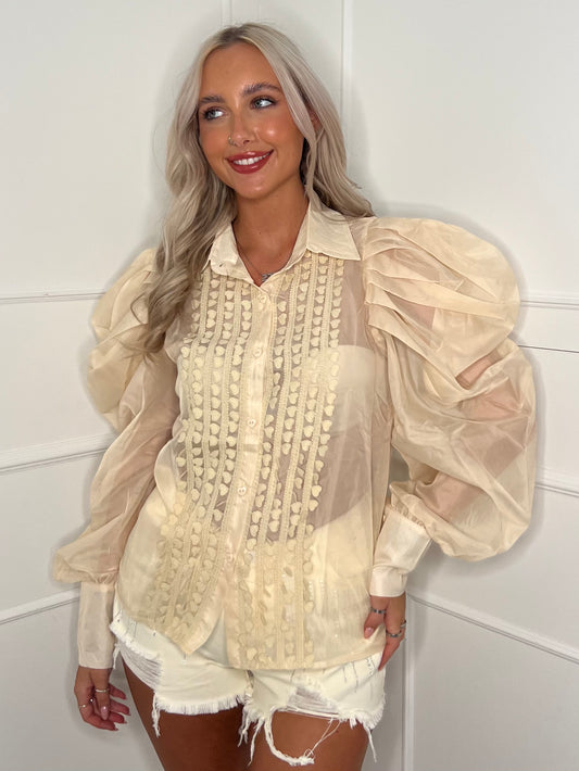 Mesh Puff Sleeve Shirt - Beige