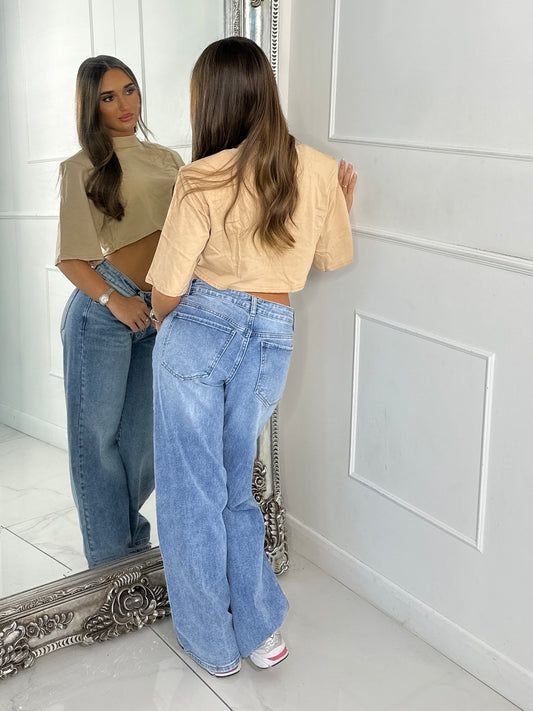 Cotton Padded Shoulder Oversized Cropped Tee - Beige