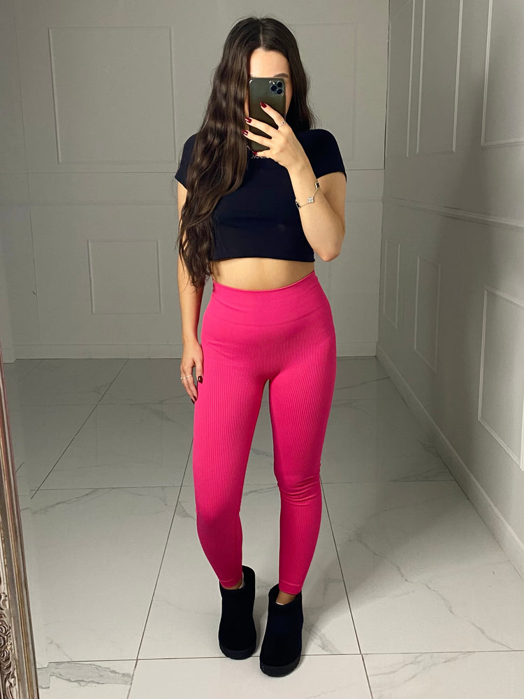 Seamless Ribbed Leggings - Hot Pink