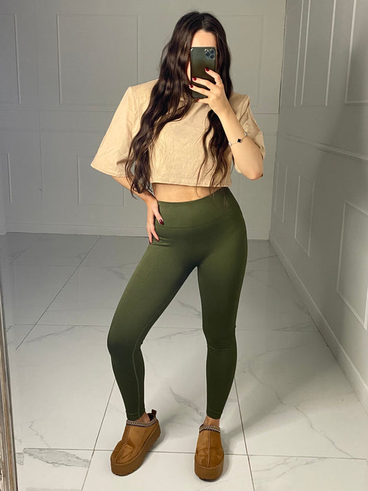 Seamless Ribbed Leggings - Dark Khaki