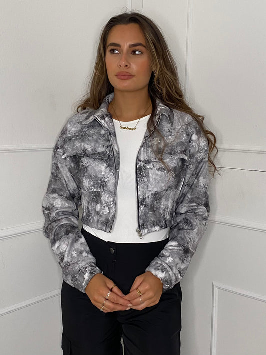 Collar Pocket Detail Cropped Jacket - Grey Marble