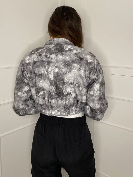 Collar Pocket Detail Cropped Jacket - Grey Marble