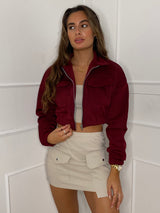 Collar Pocket Detail Cropped Jacket - Wine