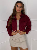 Collar Pocket Detail Cropped Jacket - Wine