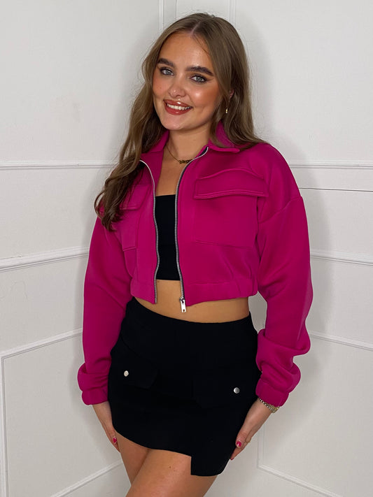 Collar Pocket Detail Cropped Jacket - Cerise Pink