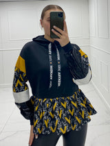 PVC Frill Hoodie - Black/Mustard V Print