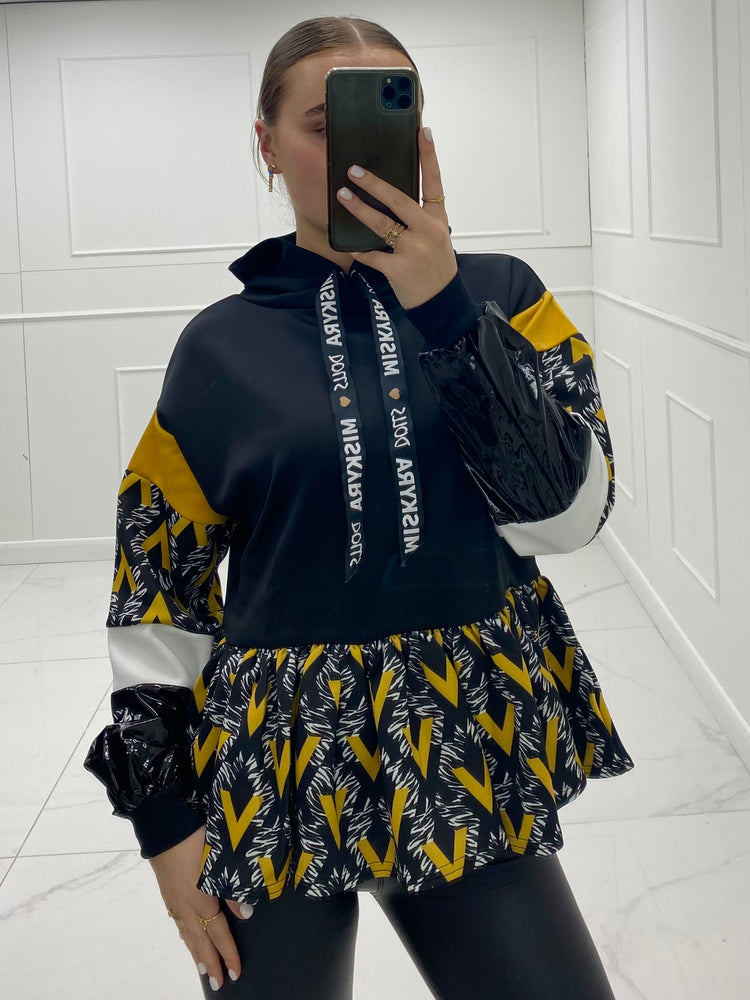 PVC Frill Hoodie - Black/Mustard V Print