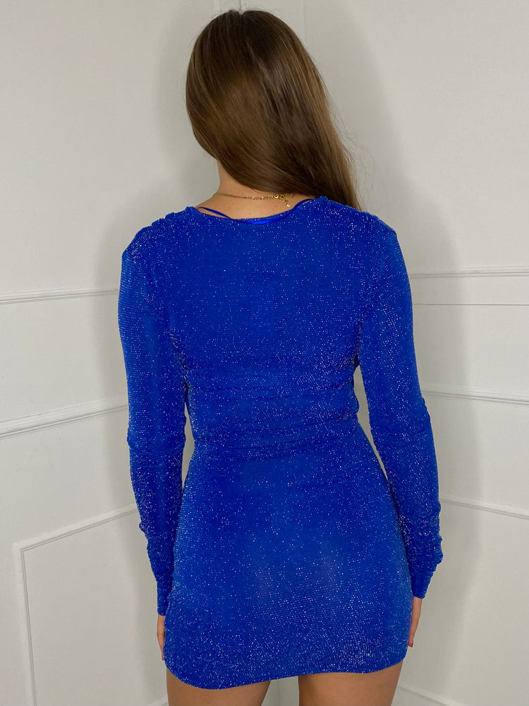 Cowl Neck Glitter Dress - Royal Blue