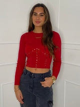 Underbust Studded Cropped Jumper - Red