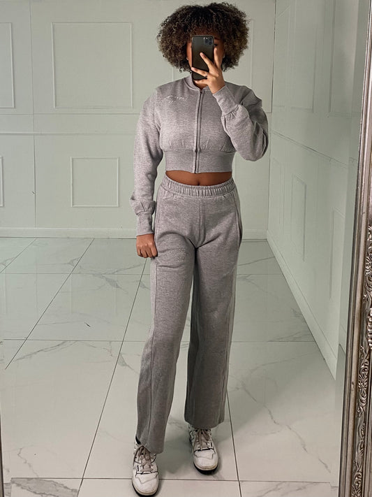 Embroidered Detail Cropped Sweatshirt Tracksuit - Light Grey