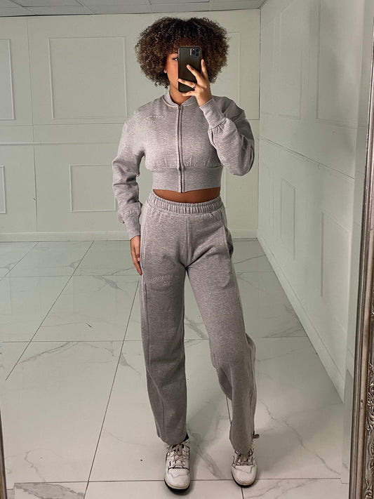 Embroidered Detail Cropped Sweatshirt Tracksuit - Light Grey