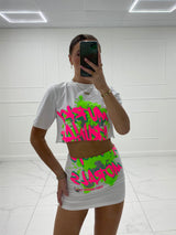Green Splash Print T-Shirt Co-Ord - White