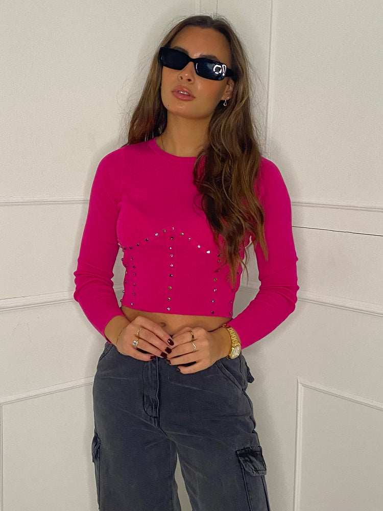 Underbust Studded Cropped Jumper - Cerise Pink