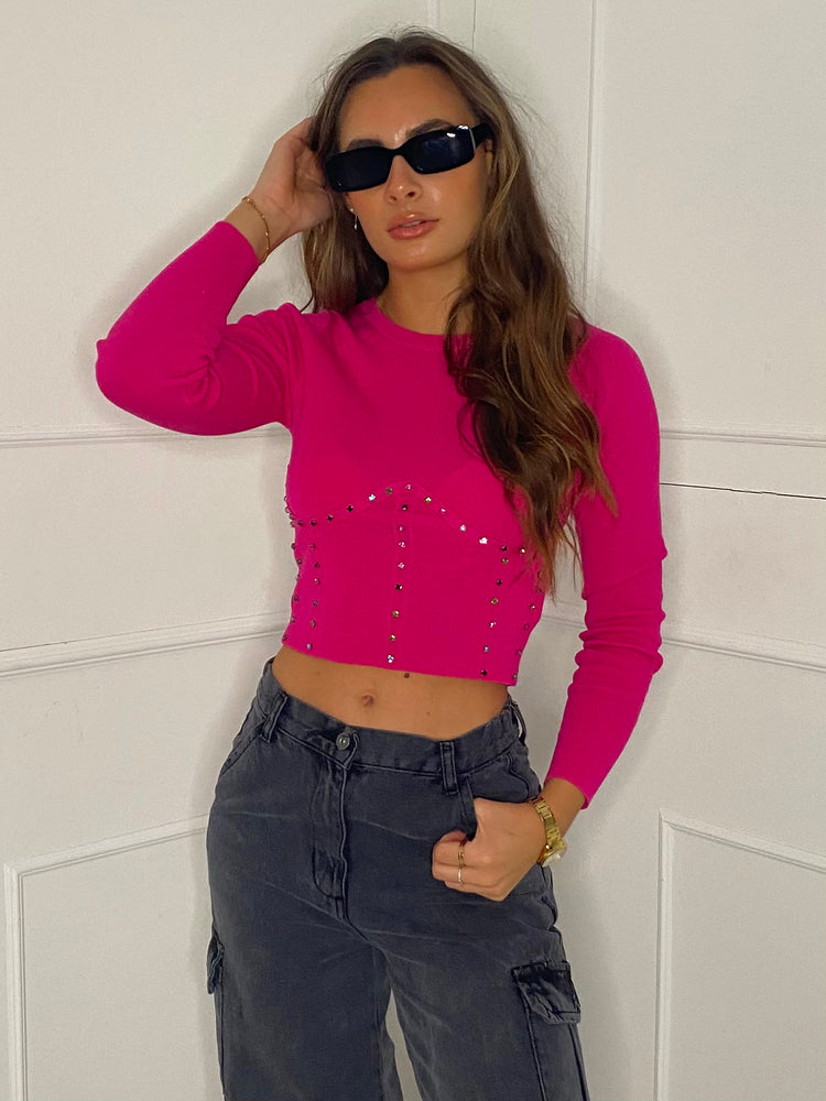 Underbust Studded Cropped Jumper - Cerise Pink