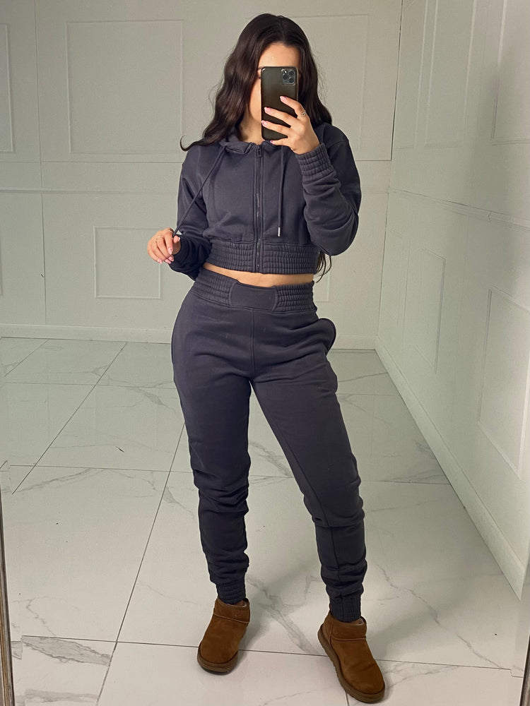 Cropped Hoodie Jogger Tracksuit - Charcoal Grey