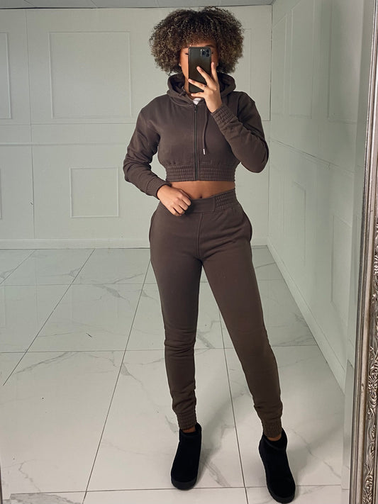 Cropped Hoodie Jogger Tracksuit - Chocolate Brown