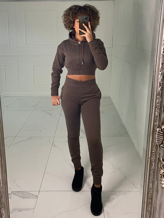 Cropped Hoodie Jogger Tracksuit - Chocolate Brown