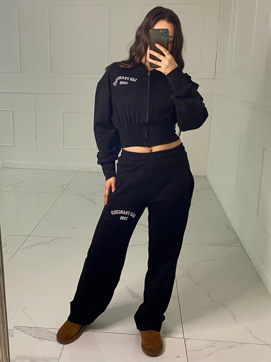 Embroidered Detail Cropped Sweatshirt Tracksuit - Black