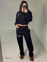 Embroidered Detail Cropped Sweatshirt Tracksuit - Black