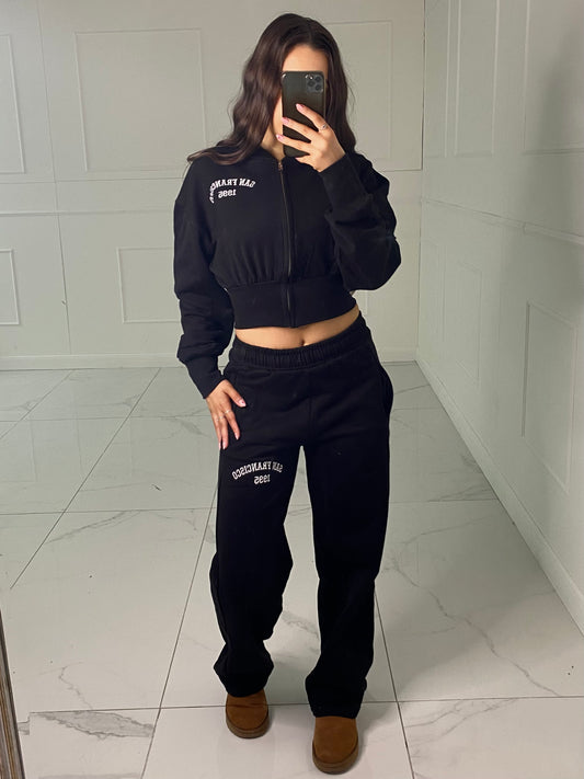 Embroidered Detail Cropped Sweatshirt Tracksuit - Black