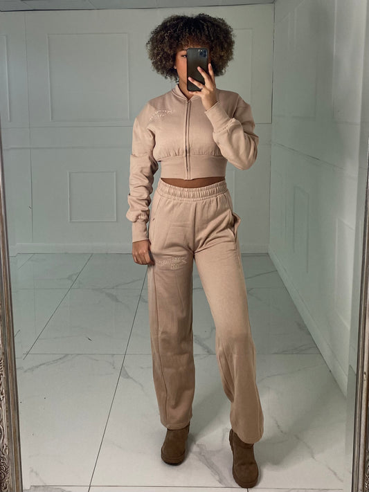 Embroidered Detail Cropped Sweatshirt Tracksuit - Stone