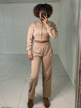 Embroidered Detail Cropped Sweatshirt Tracksuit - Stone