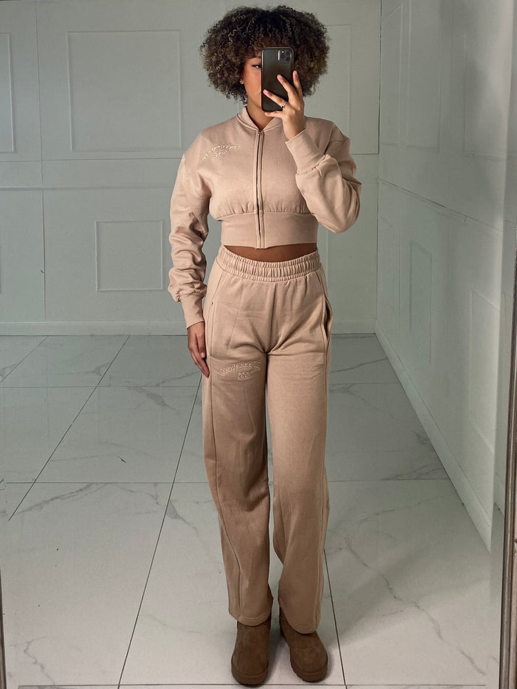 Embroidered Detail Cropped Sweatshirt Tracksuit - Stone