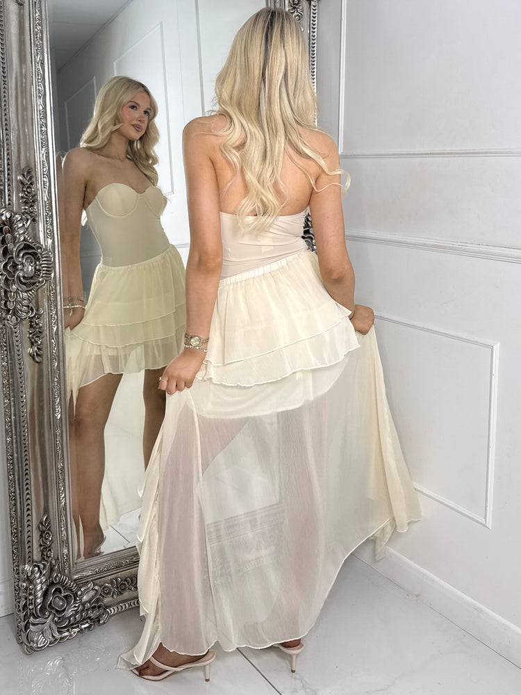 Asymmetric Maxi Mesh Tiered Skirt - Beige