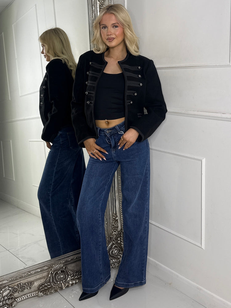 Front Buttoned Pu Detailed Jacket - Black
