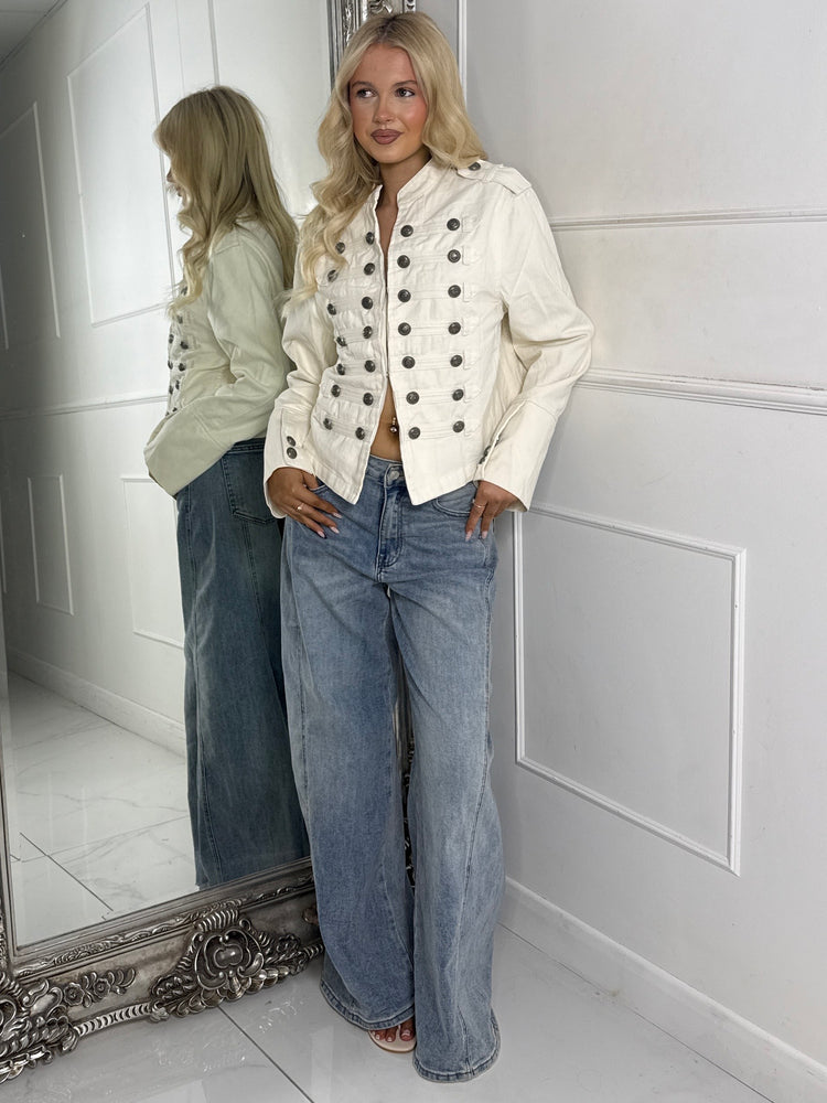 Double Buttoned Front Detail Denim Jacket - Cream