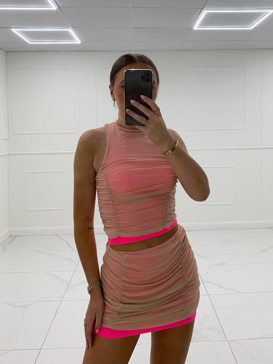 Double Layered Mesh Co-Ord - Nude/Pink